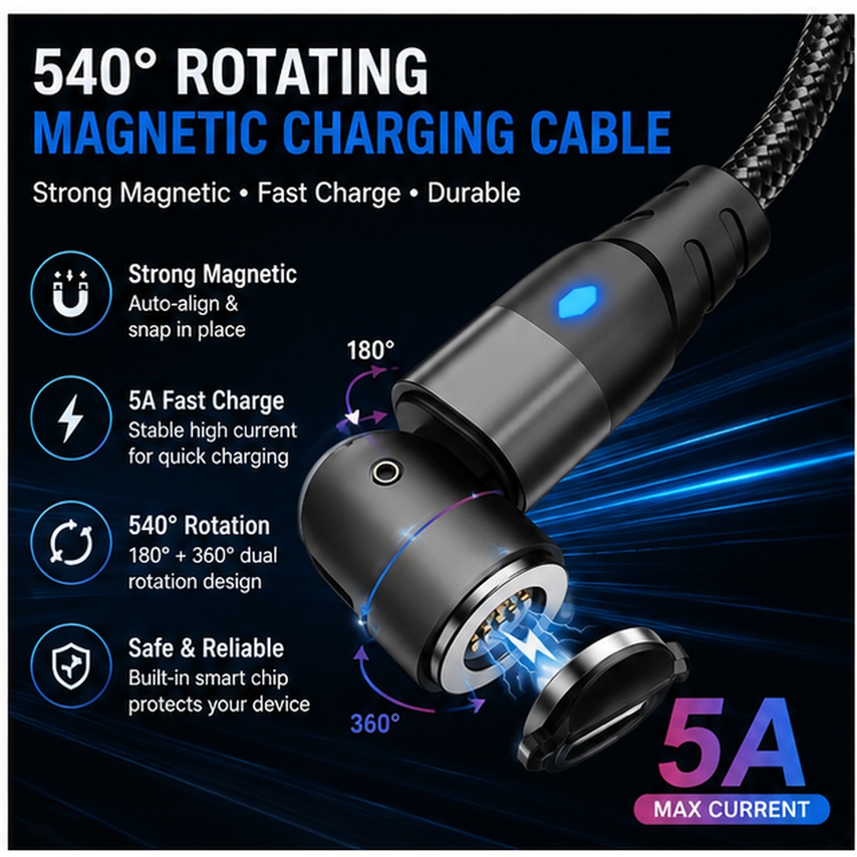 540° Swivel Magnetic 5A Fast Charging Cable